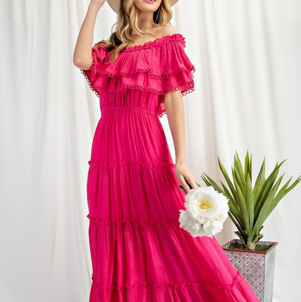 OFF THE SHOULDER RUFF MAXI DRESS - Picture 1 of 12